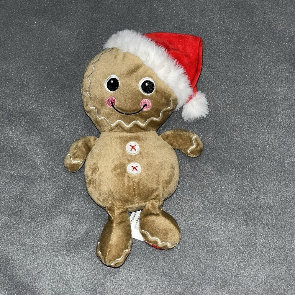Christmas Gingerbread Man Cookie Shaped Pillow 10" Stuffed Plush With Santa Hat